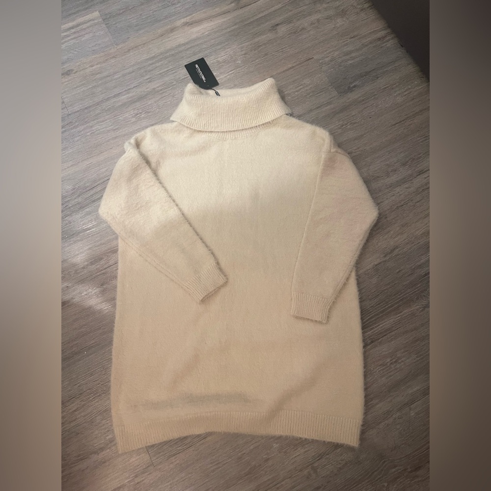 NWT PLT OVERSIZED TAN FUZZY TURTLE NECK DRESS SWEATER S